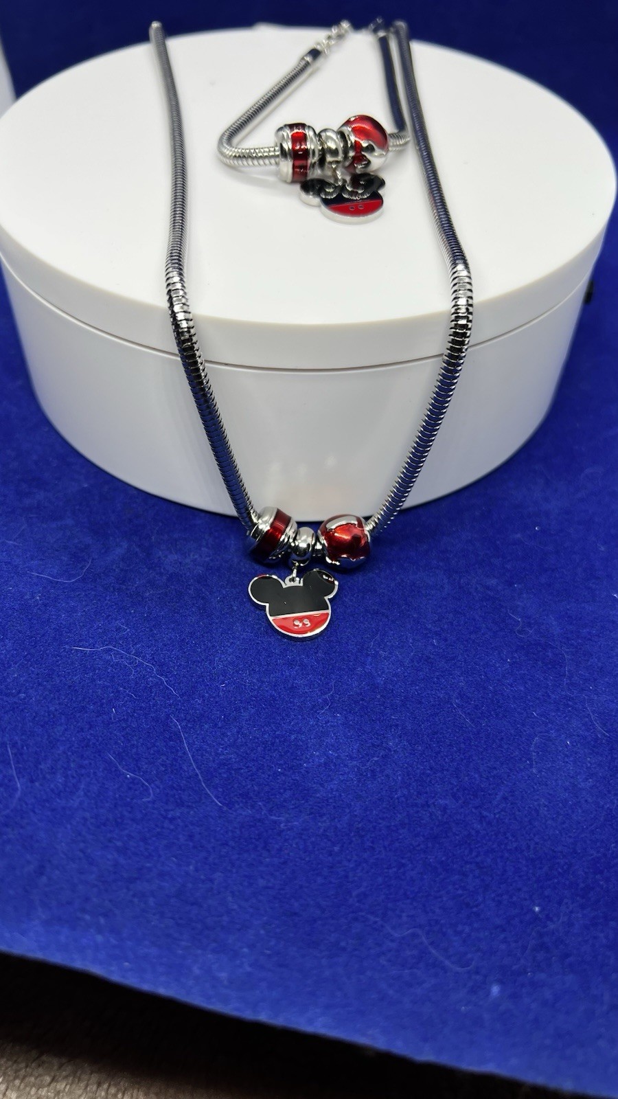 Silver Tone Snake Chain Heart Charm Necklace & Bracelet Jewelry Set Red/Black