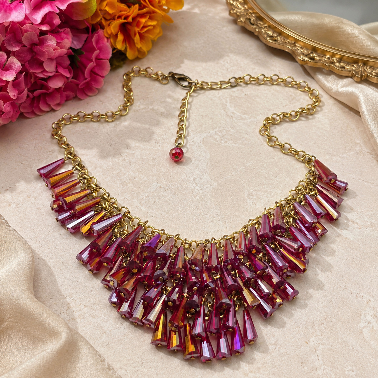 Pink Magenta AB Spike Fringe Bib Statement Necklace Gold Tone 21 In Adj