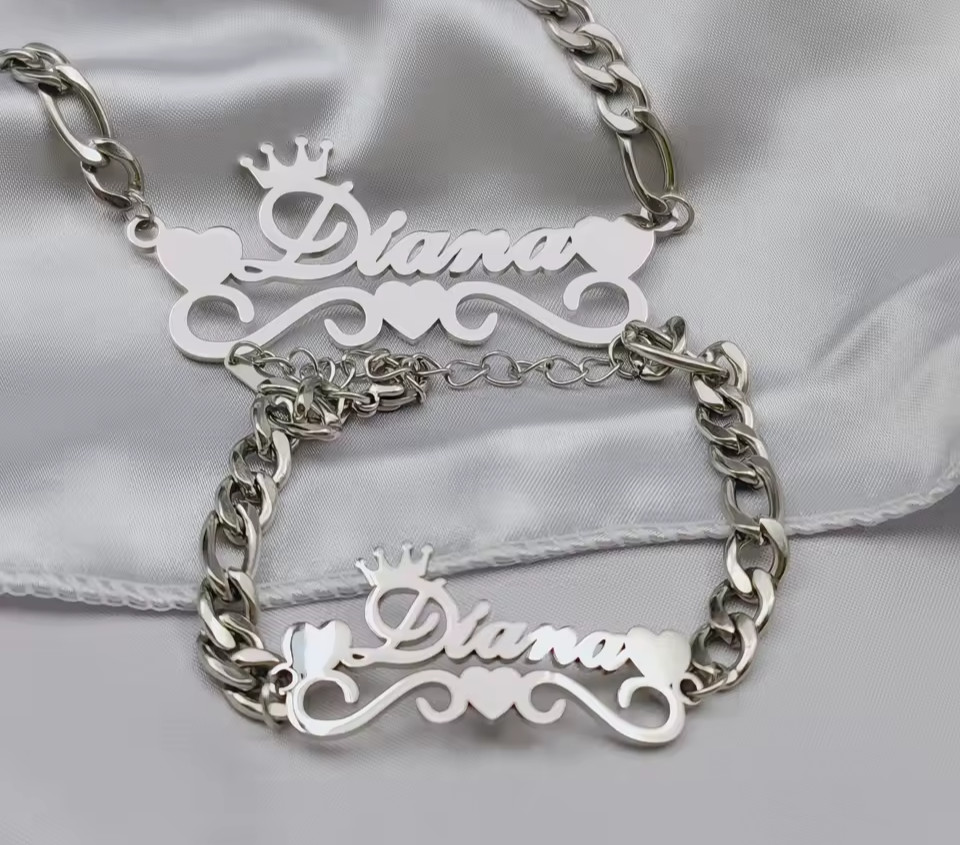 Custom Name Jewelry Set Bracelet Necklace Heart Gold Silver Stainless Steel Gift