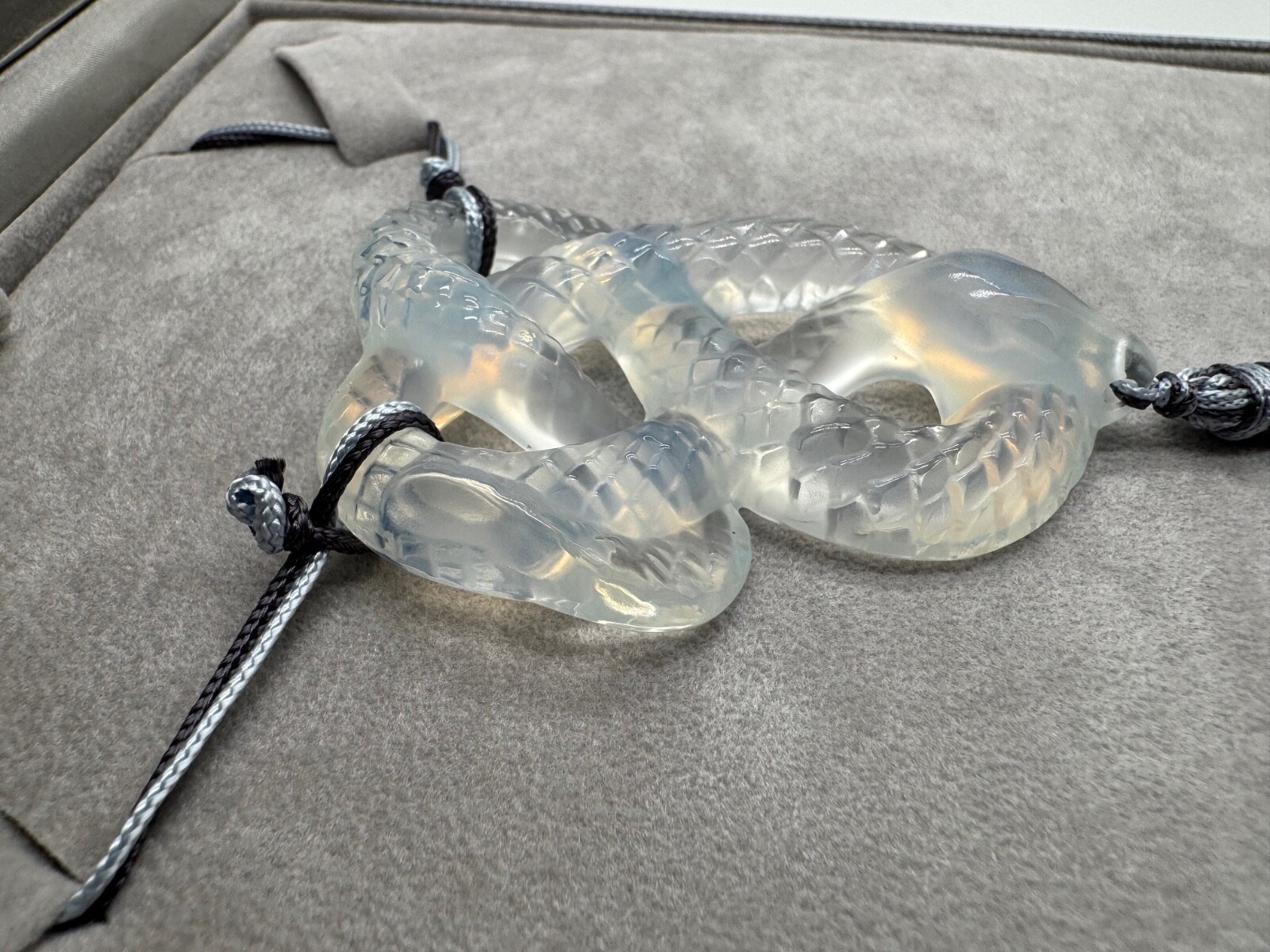 Lalique France Crystal Clear Snake Serpent Pendant Silk Cord Necklace w/ Box