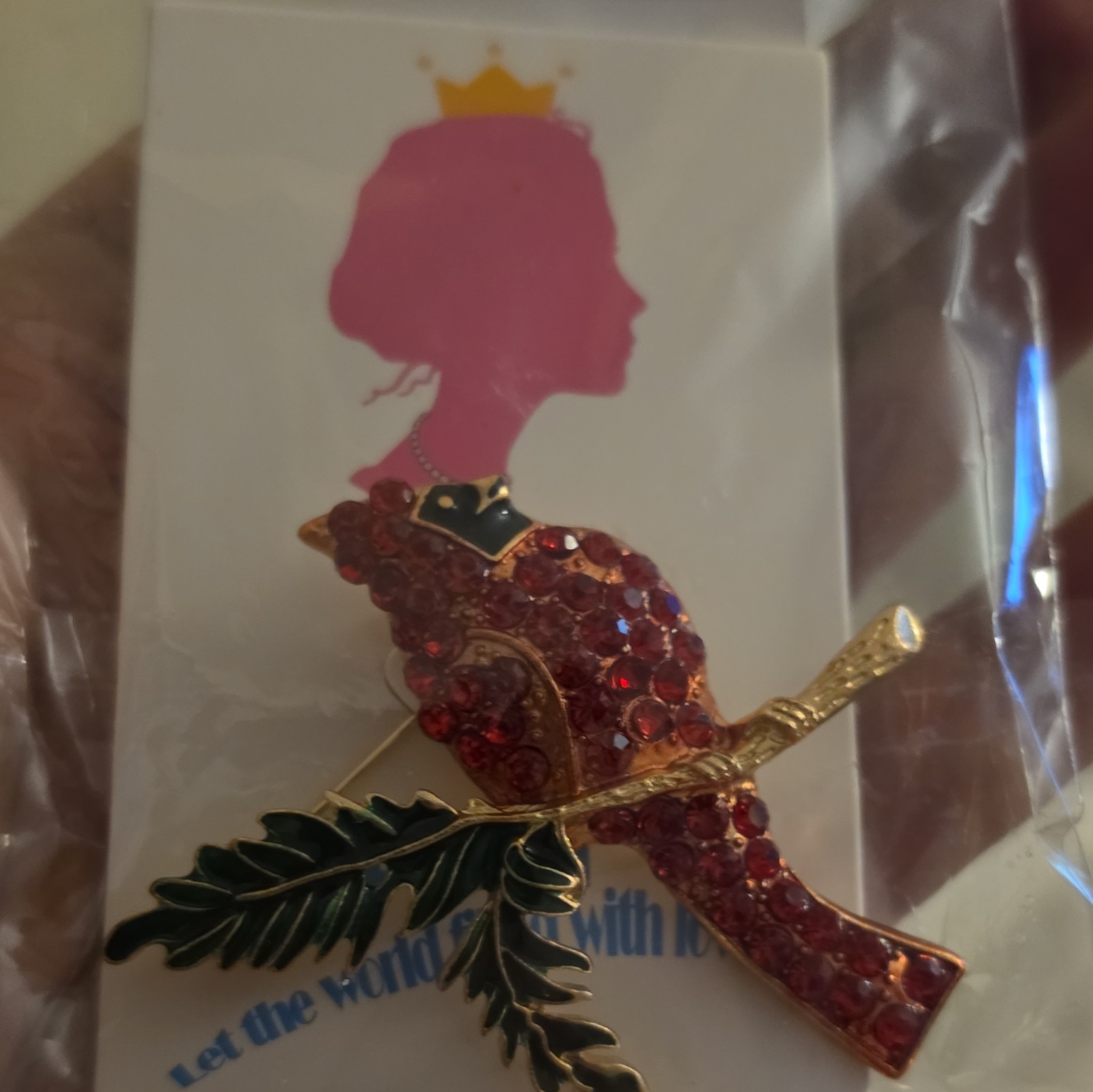Girl Figure Brooch Pin Red Crystal Rhinestones Enamel Gold Tone Green Branch