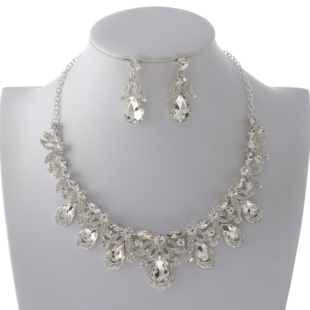 Silver Tone Alloy Metal Rhinestone Necklace Earring Set S20704-SCRY