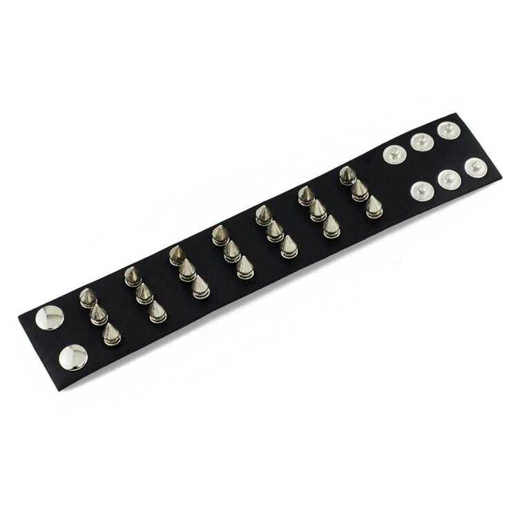 Gothic Punk Black Leather Wide Band Bracelet w/ 3 Rows of Silver Spikes