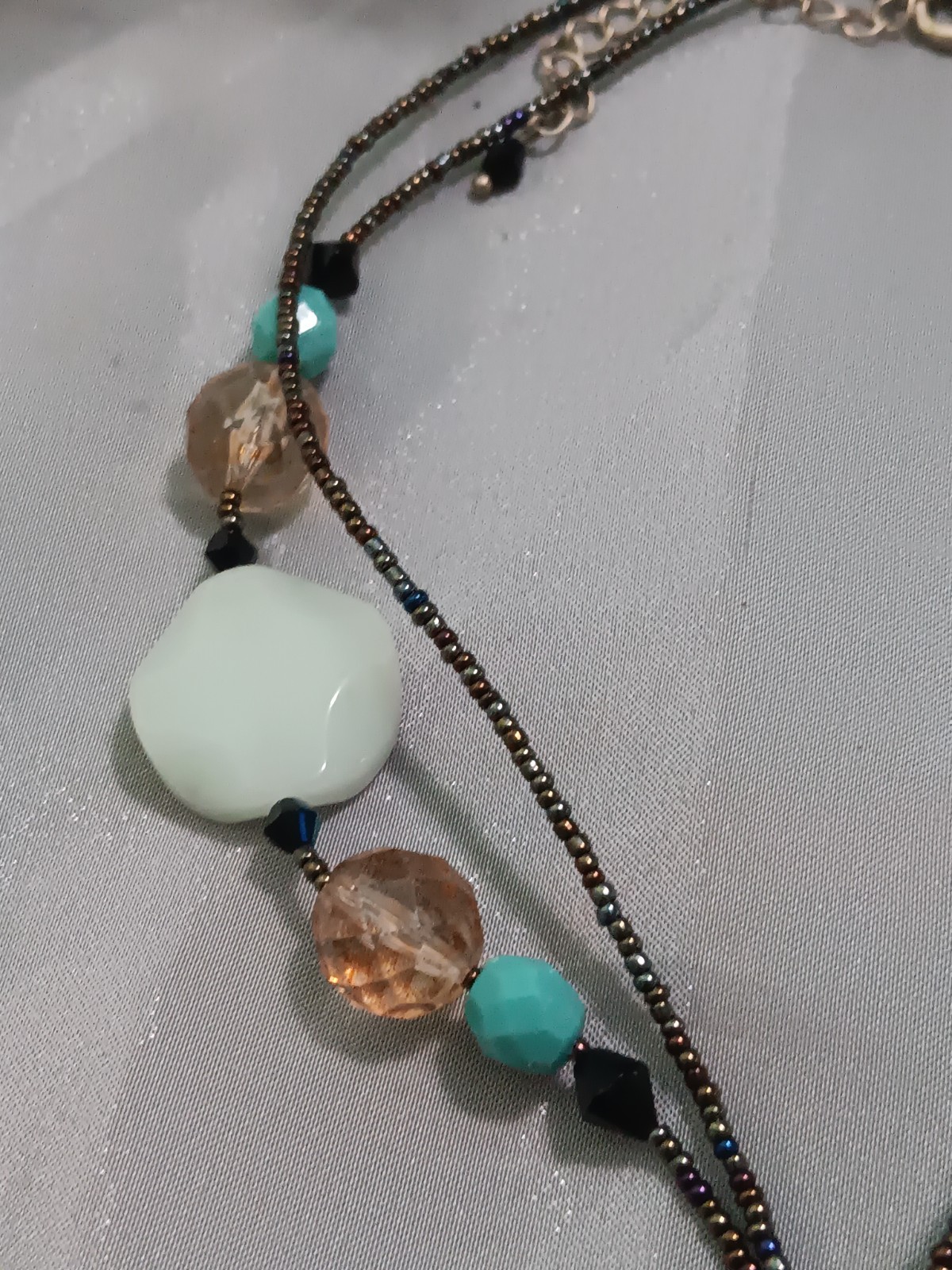 Lia Sophia “Cayman” Jade Round Pendant w/Resin & Glass Beads Gold Tone Necklace