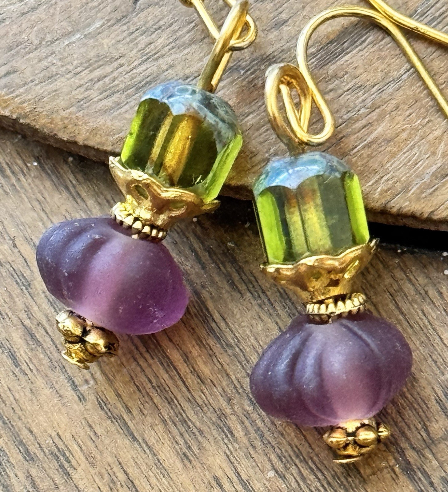 Little Gold, Purple and Green Frosted Glass Bead Earrings.
