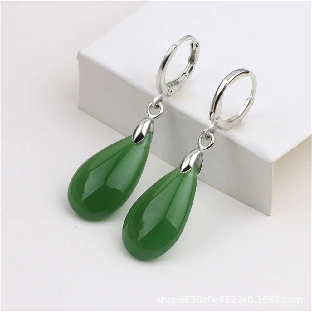 Natural White Green Jade Water Drop Hoop Earring for Woman Trendy Jade Dangle