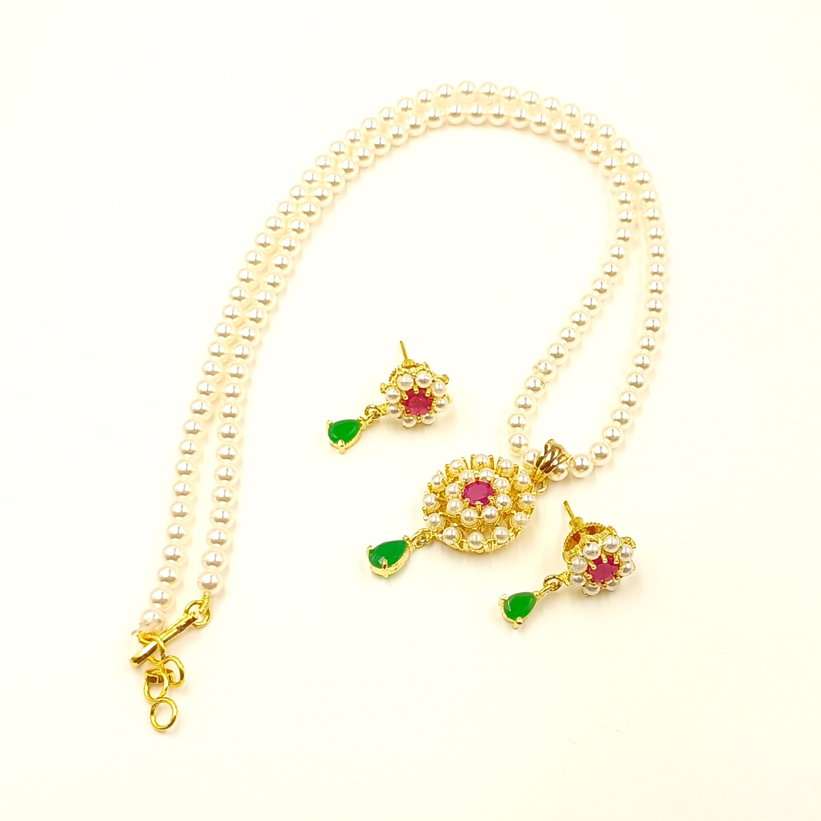 Traditional Indian Pendant Set, Ruby Emerald & Pearl 22k Gold Plated Jewelry Gif