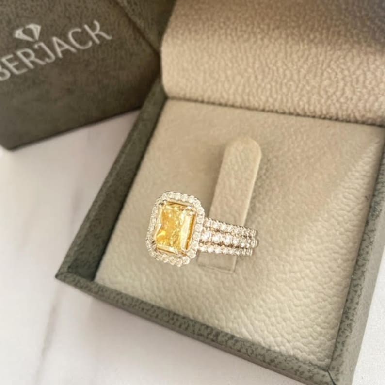Fancy Yellow 3 Rows Shank Diamond Ring Radiant Cut CZ Diamond Engagement Ring
