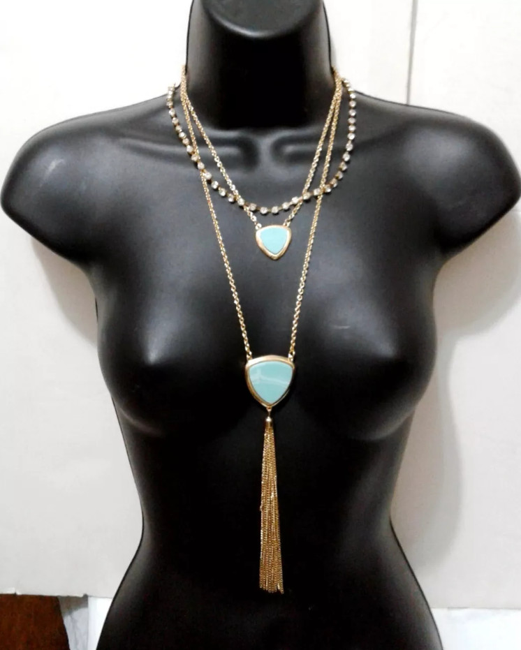 Turquoise Stone Crystal Tassel Gold Metal Chain Multi Row Long Layered Necklace