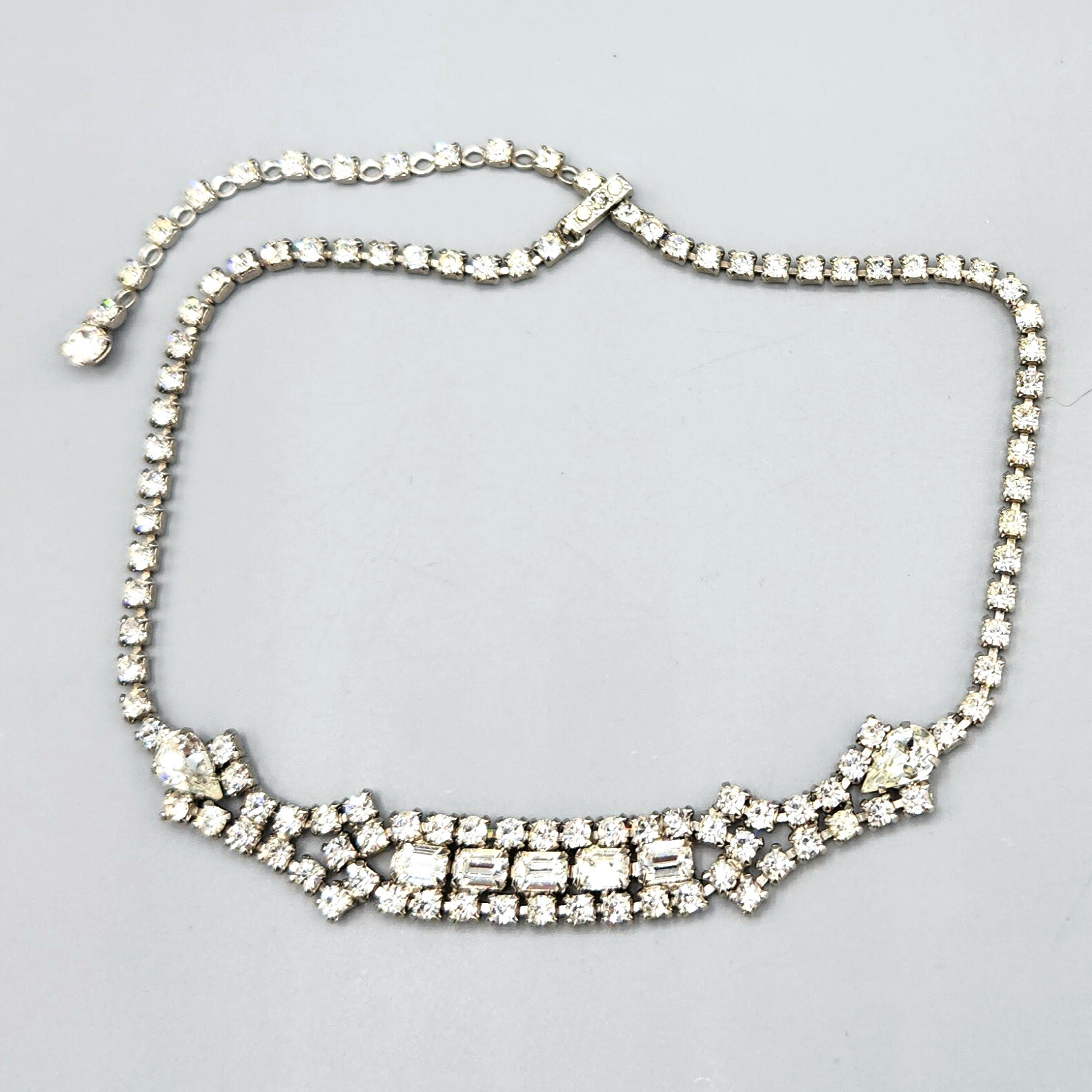 Vintage Baguette Pear Chaton Rhinestone Fancy Dog Collar Choker Necklace 15″