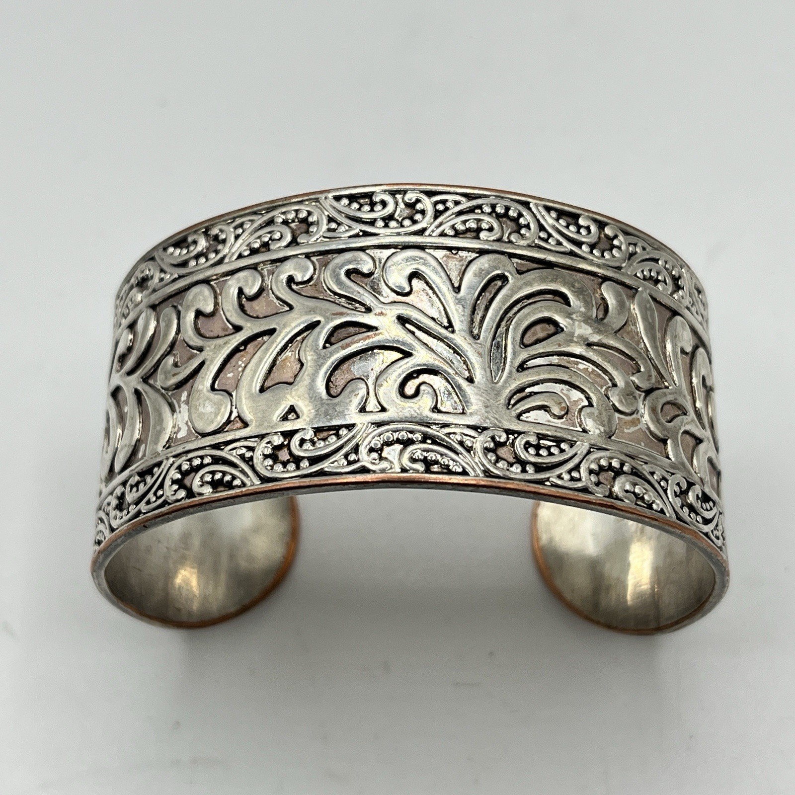 Floral Mixed Metal Scroll Work Cuff Bracelet – Silver Tone & Copper