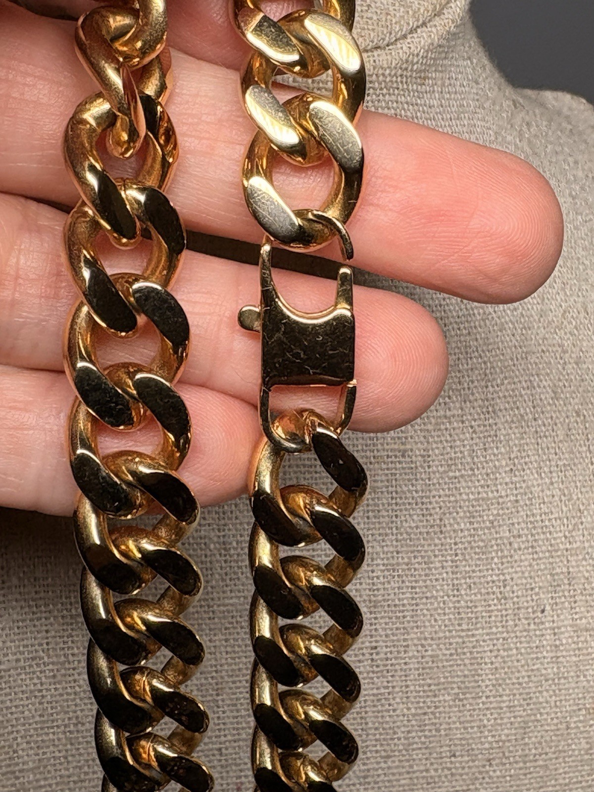 Gold Tone Cuban Link Chain Necklace Metal Box Clasp 16 in