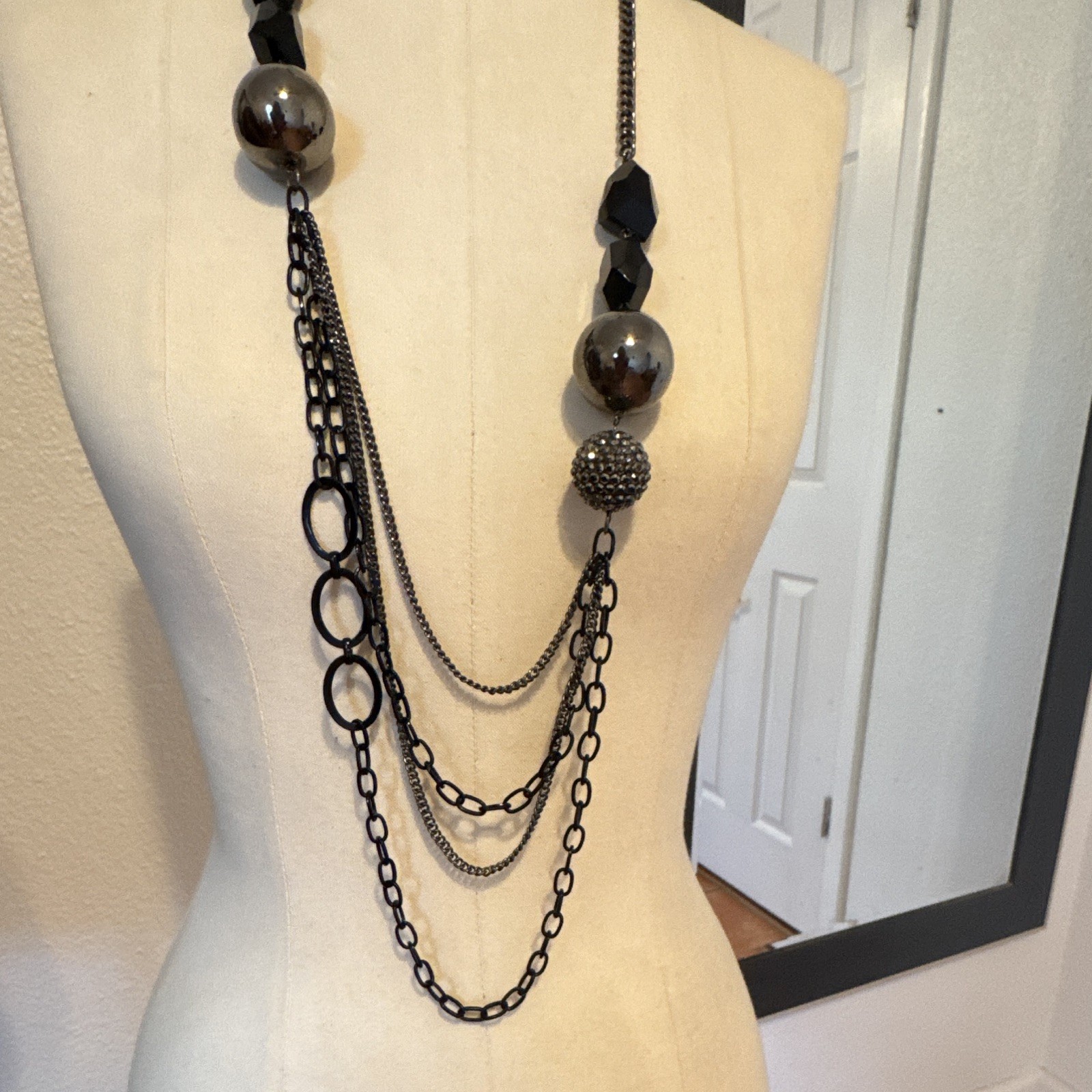 Layered Multi-Strand Cable Chain Necklace Black Beads Gunmetal Lobster Adj 36″