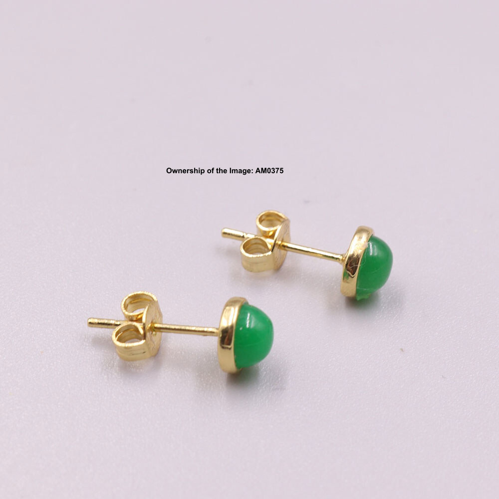 Handmade Green Jade 6mm Round Earrings Stud Elegant Gold Plated GP Earrings