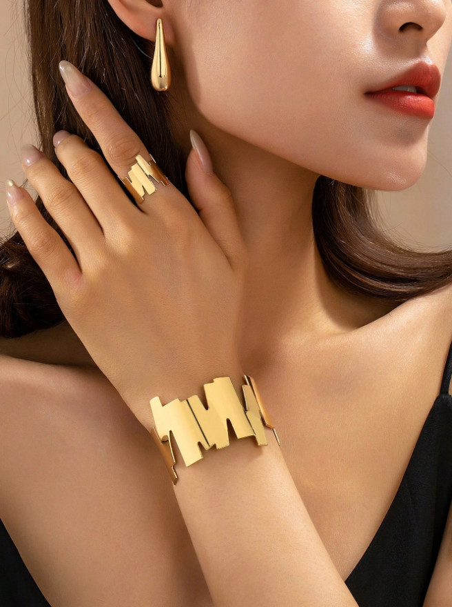 4 Pcs Jewelry Set Bracelet Earrings Ring Thick Cuff Teardrop Bangle For Women US