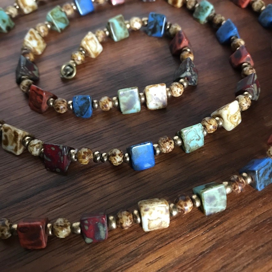 Artisan semiprecious mixed agate colorful beaded long necklace appr. 30″