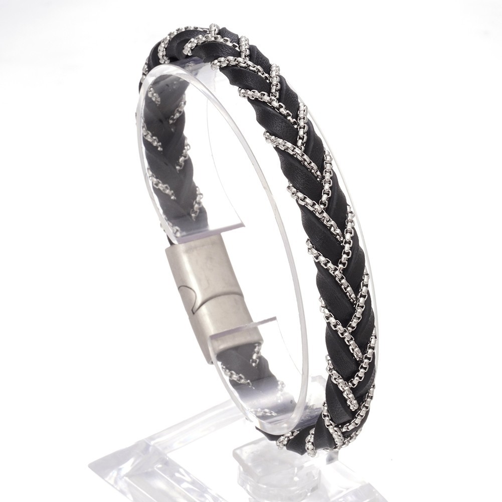 Men’s Silver Gold Black Braided Stainless Steel Chain and Leather Bracelet 8.27“