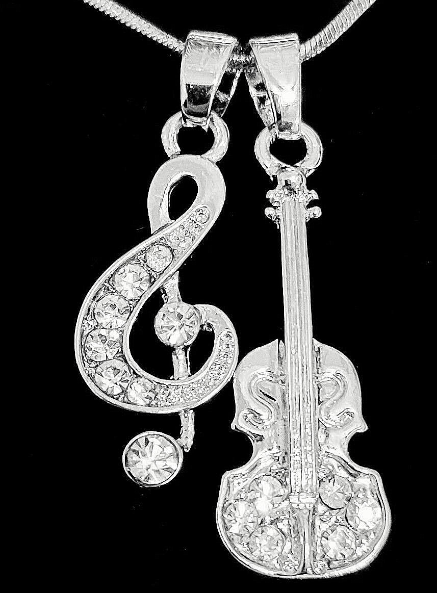 Music Treble G Clef Note Violin Pendant Necklace Clear Crystals & Gift Box