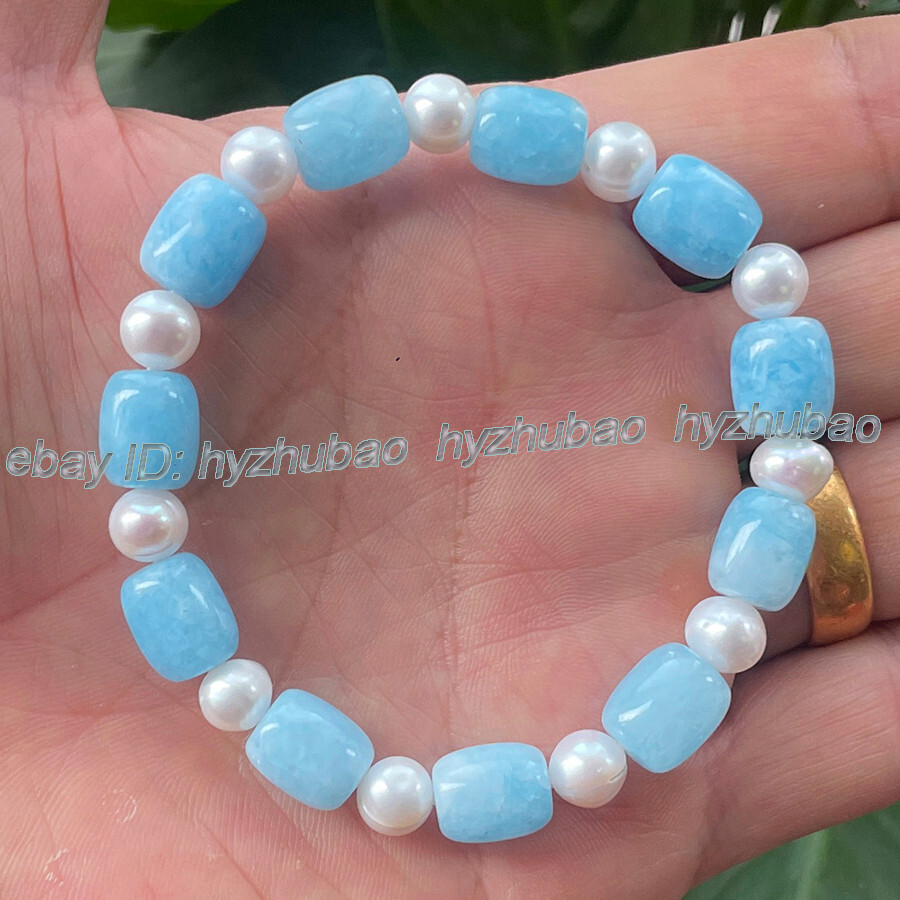9x11mm Cylinder Aquamarine Jade Gems & White Pearl Stretch Bangle Bracelet 7.5″
