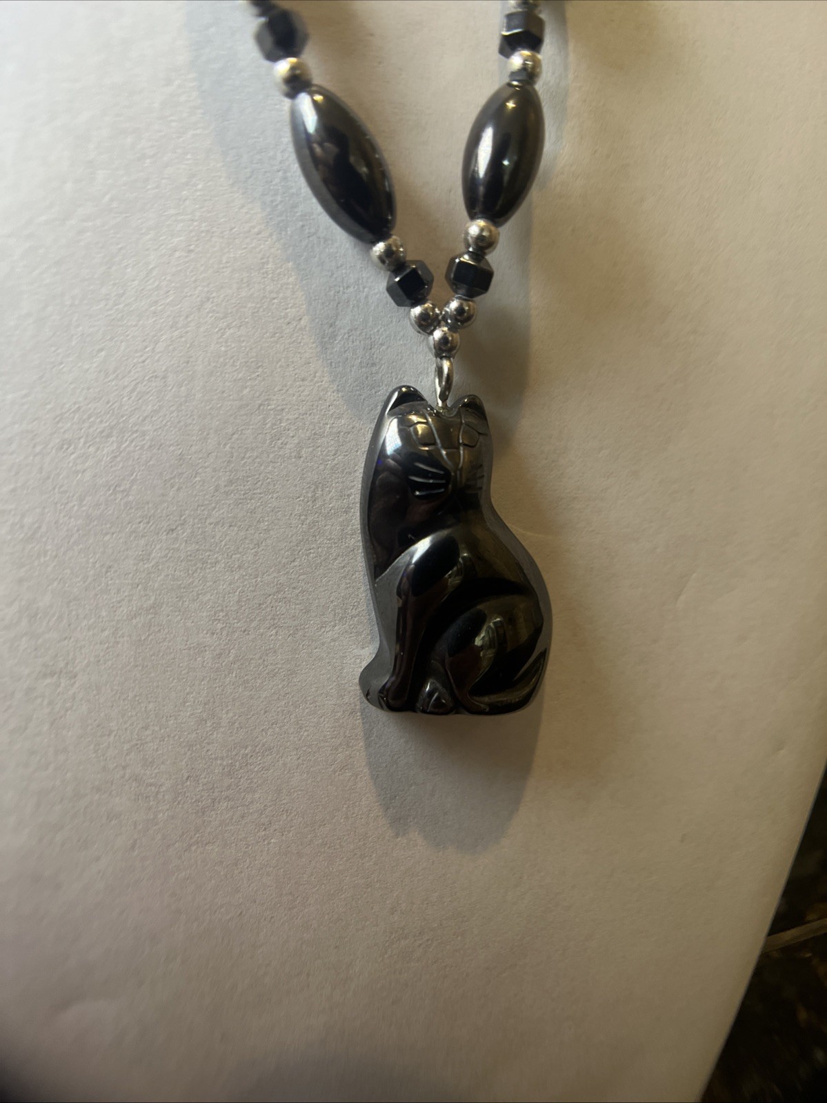 Black Hematite Cat Pendant Necklace – Beaded Chain, Vintage Style Kitty Jewelry