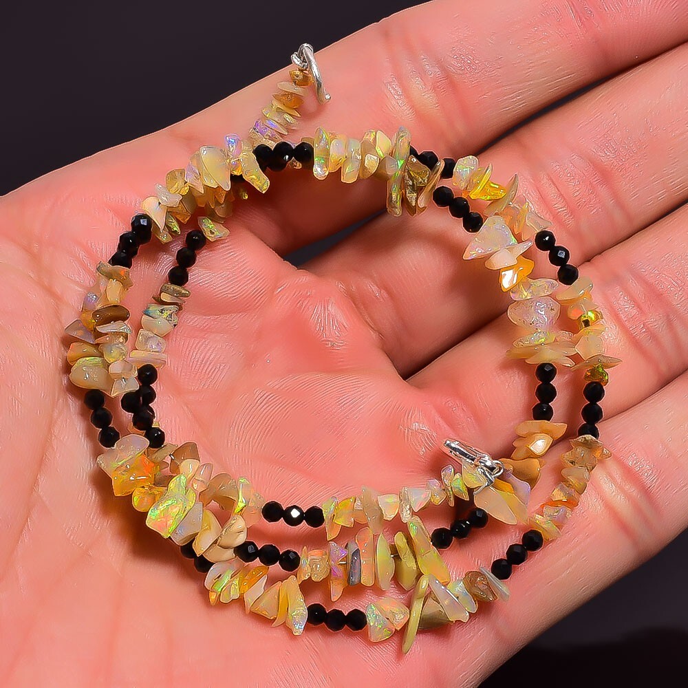 32.15 Ct. Natural Ethiopian Opal Black Spinel Uncut Beads Necklace 16″ A-2155
