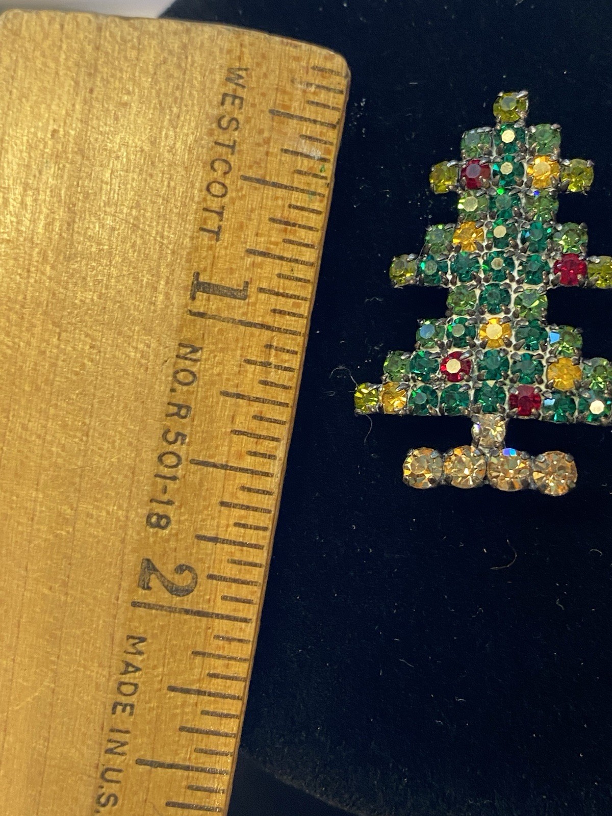 Vintage Austria Rhinestone Christmas Tree Brooch Pin Green Yellow Red 1 “