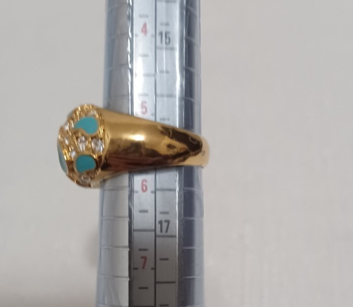Gold Tone Turquoise Enamel Ring W/Crystals Size 5.5 10.1 Grams