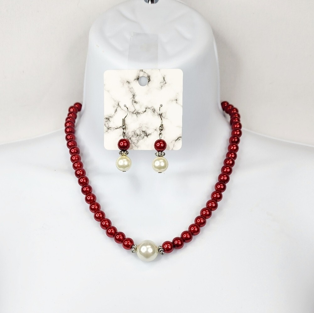 Handmade Red & White Faux Pearl Necklace & Earring Set