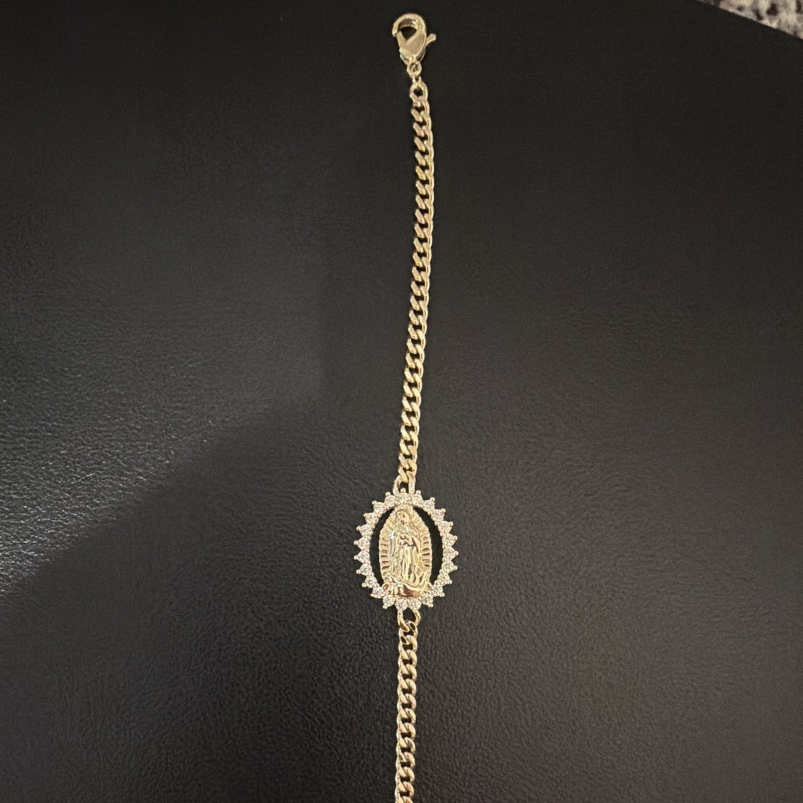 18k gold filled Cuban Link Chain Bracelet Lady of Guadalupe CZ pendant.