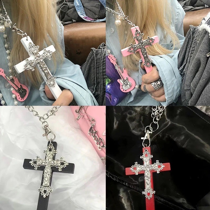 Gothic Big Zircon Cross Necklace Unisex Y2K Irregular Goth Large Cross Pendant