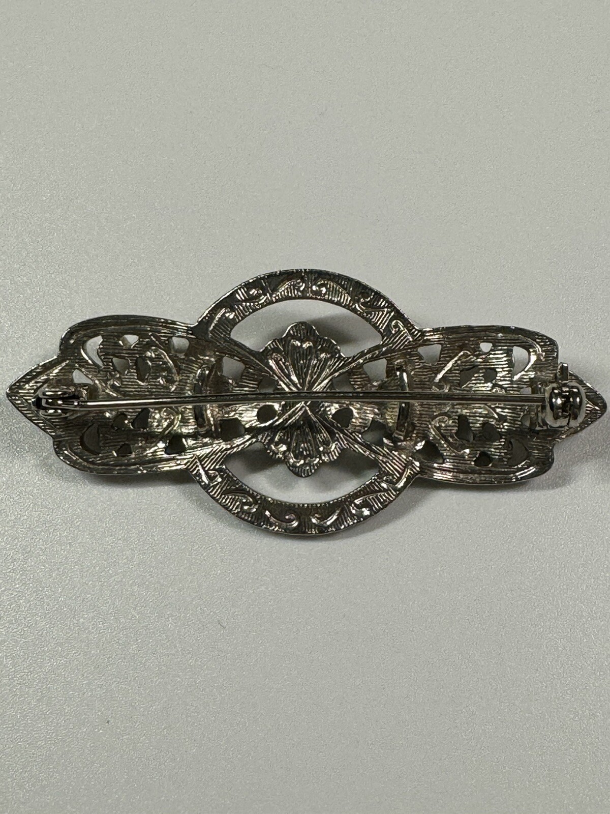 Vintage Silver Tone Brooch Bow Pin w/ Black Faux Onyx, Gothic, Victorian Style
