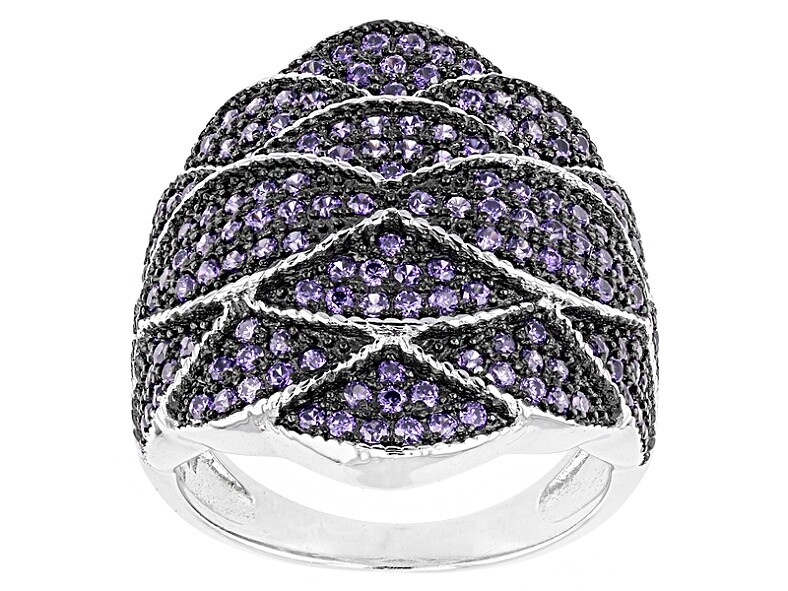 Size 6 Purple Cubic Zirconia Black/White Rhodium Over 925 Silver Cluster Ring