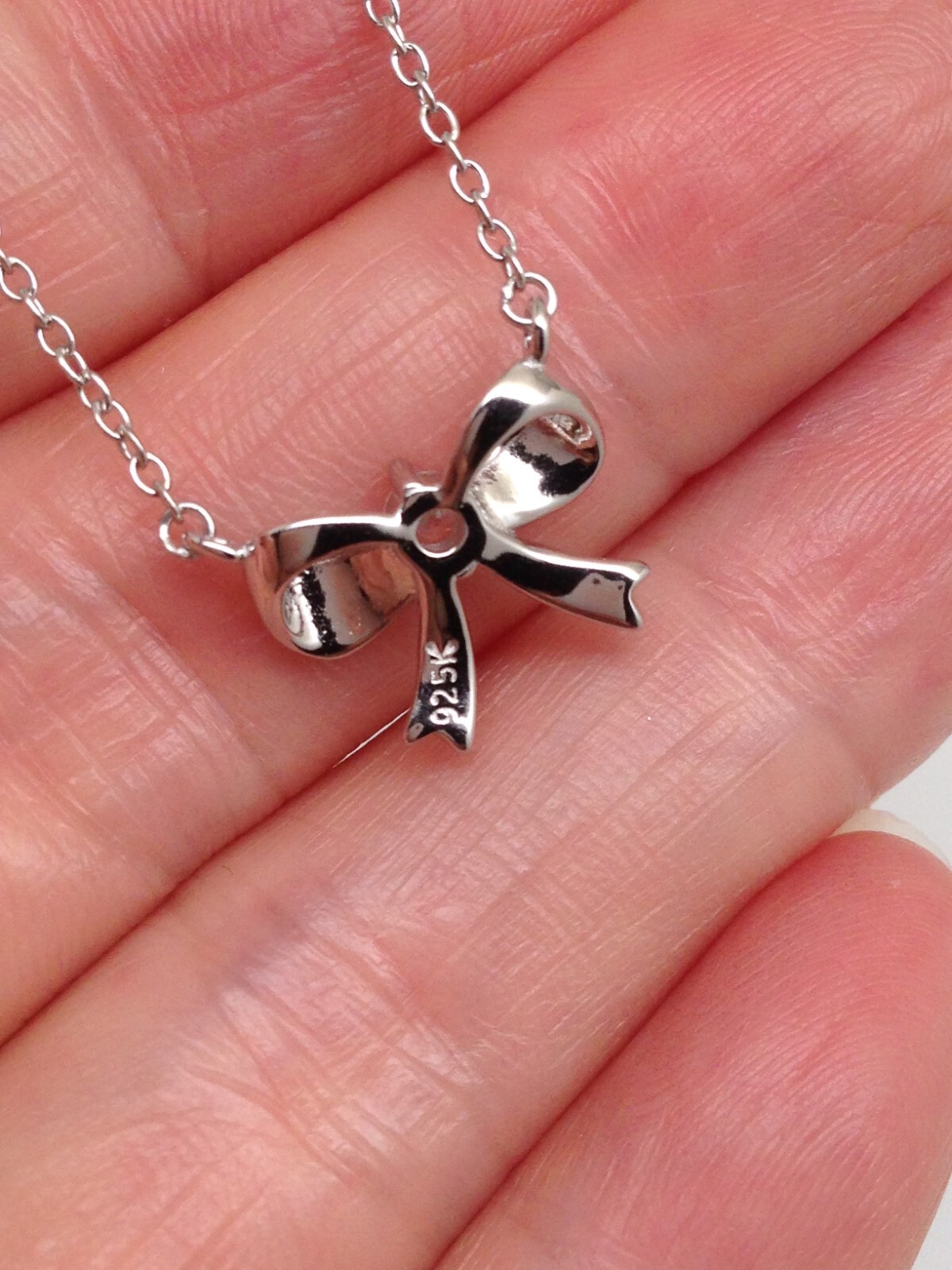 Silver Bow Pendant Necklace Sterling Silver 925 CZ Tiny 12mm 15.25-17.25″