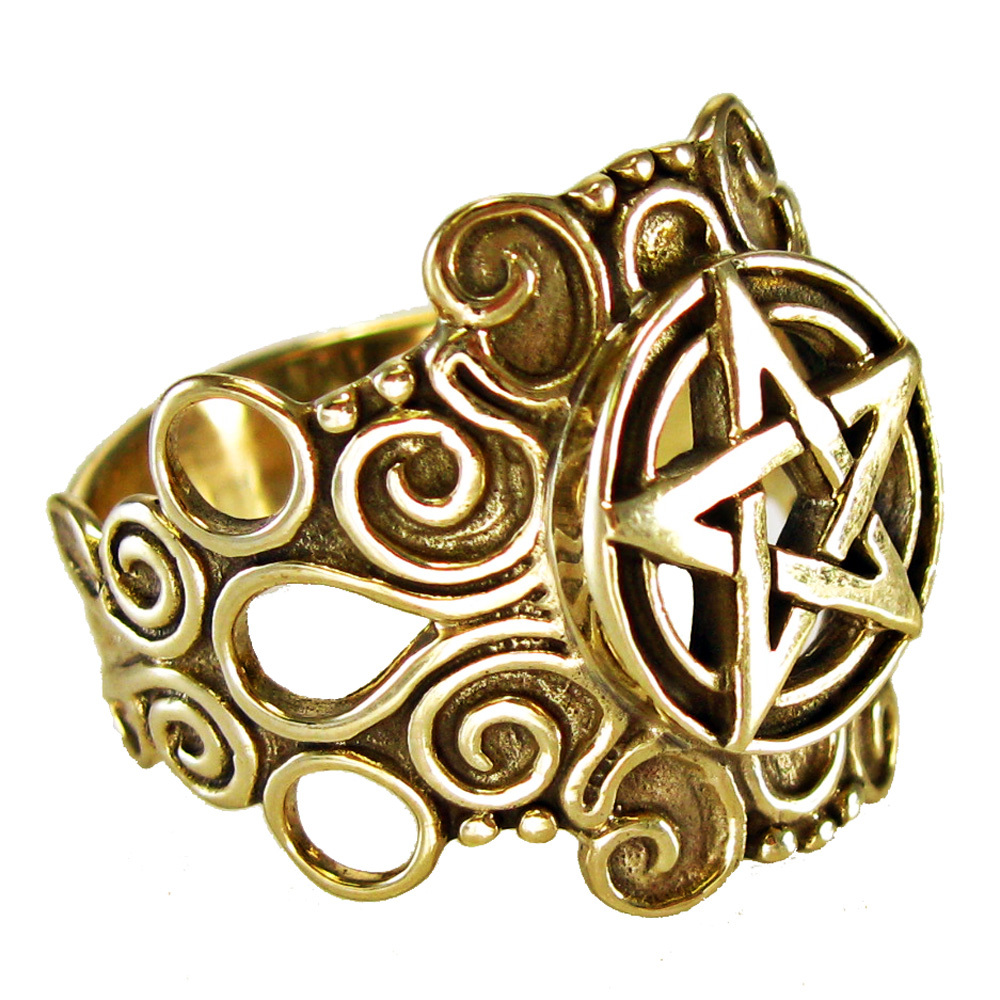 Large Ornate Bronze Pentacle Ring Pentagram Witch Jewelry Wiccan Pagan Jewelry