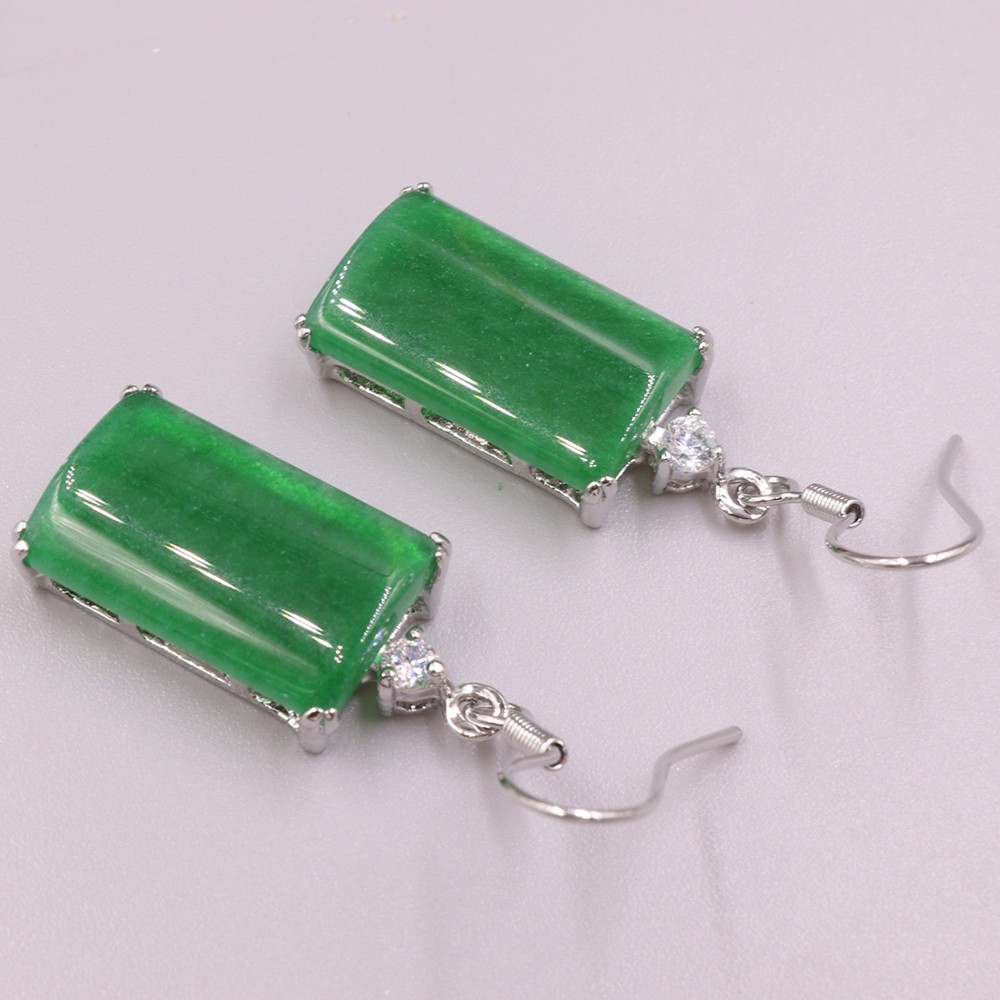 Yellow Plated Alloy Heated Green Jade Rectangle Charm Dangle Earrings 38mm H