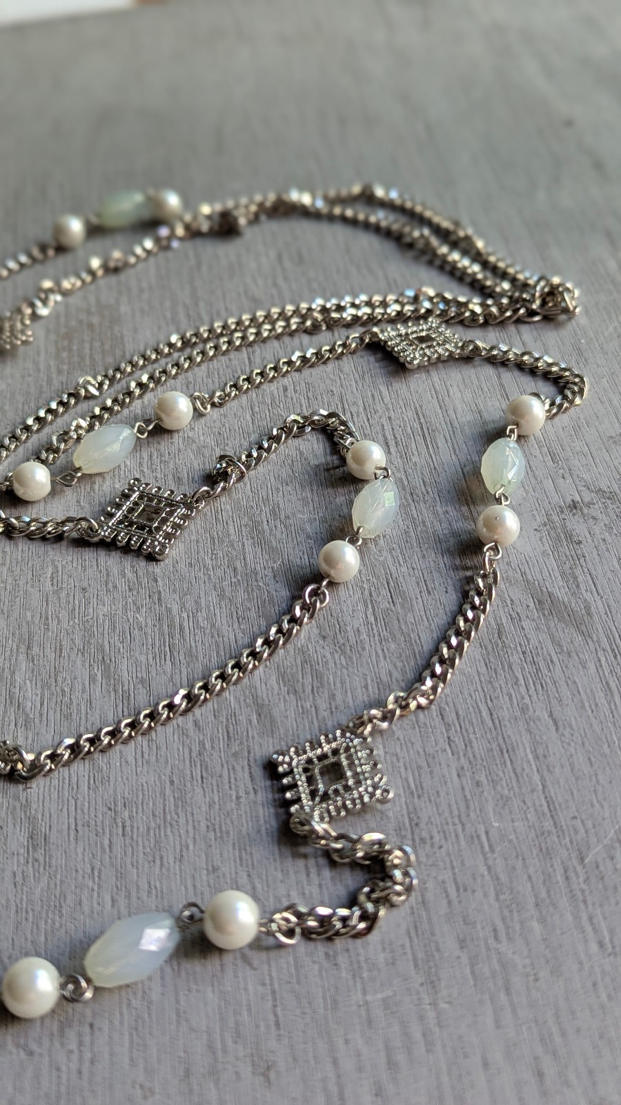 Silver Tone 2 Strand Long Necklace Faux Pearl White Beads Geometric Station 32″