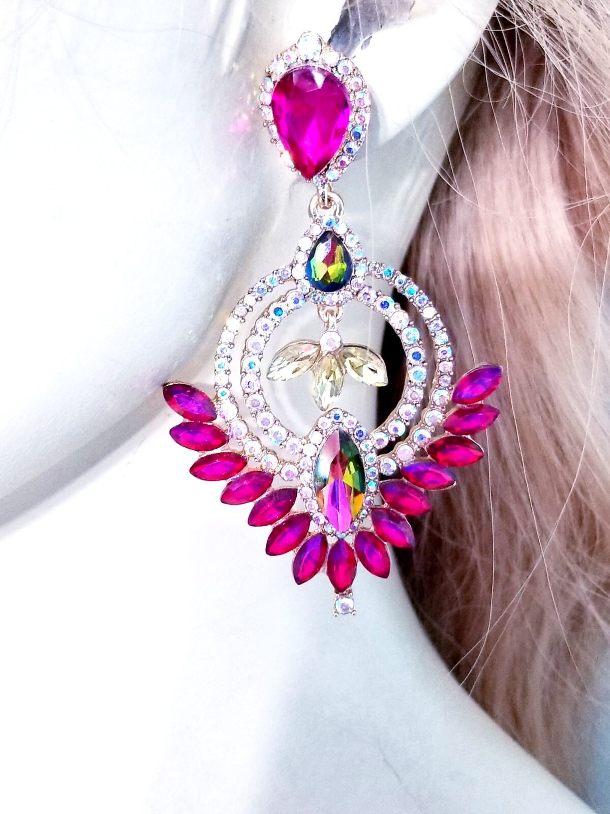 Drop Dangle Bridesmaid Chandelier Earrings 3.2 inch Pink Rhinestone Pageant Prom