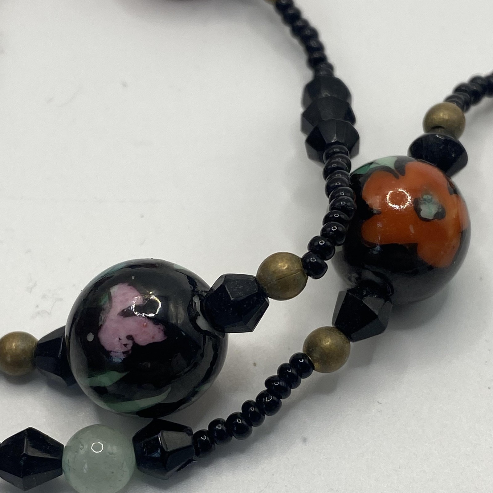 Black Glass Beaded Station Necklace Floral Multicolor Lampwork 50 In Jewelry