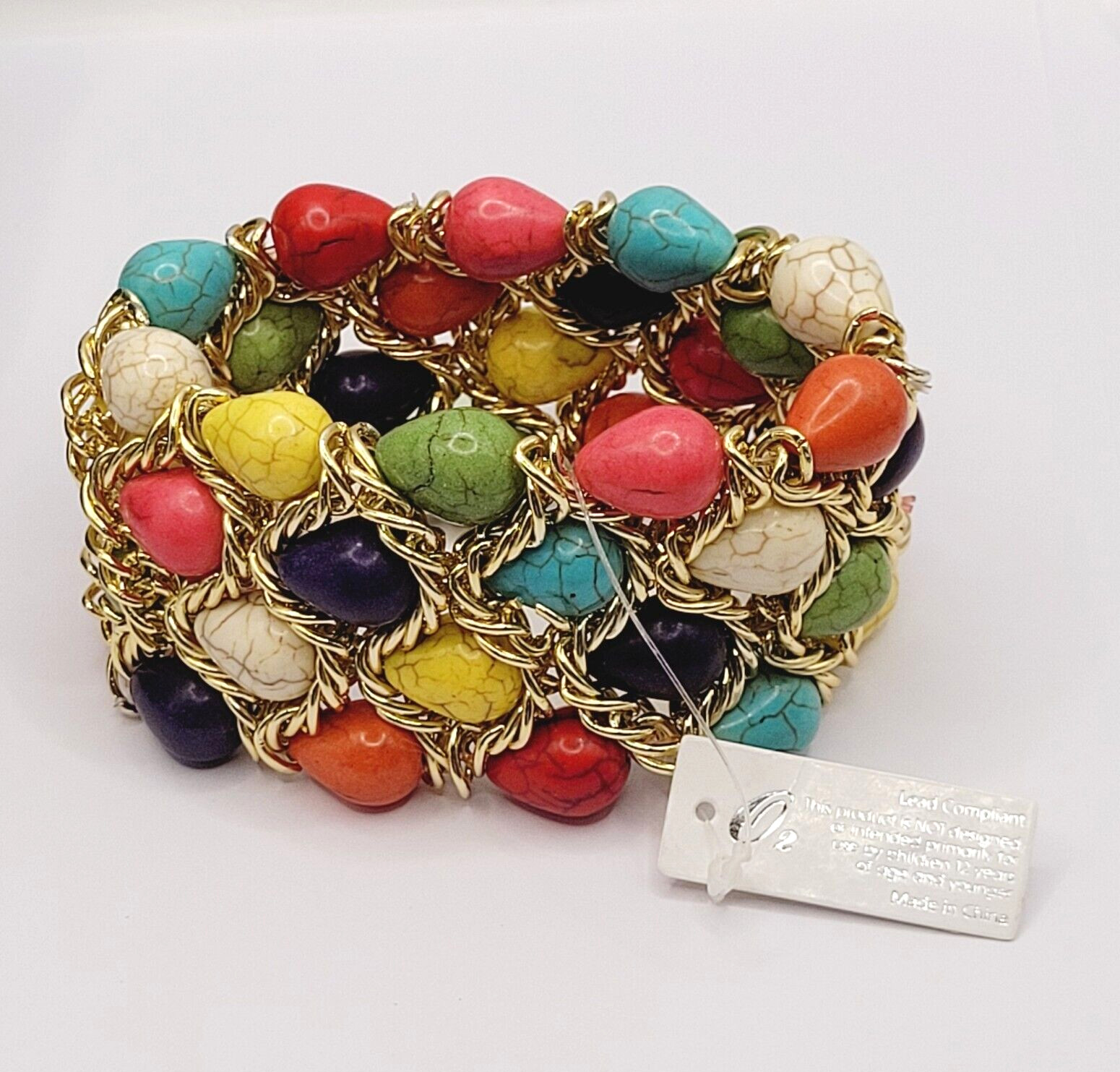 Chunky Colorful Faux Stone &Twisted Metal Egg Shape Stretch Bracelet LARGE WRIST
