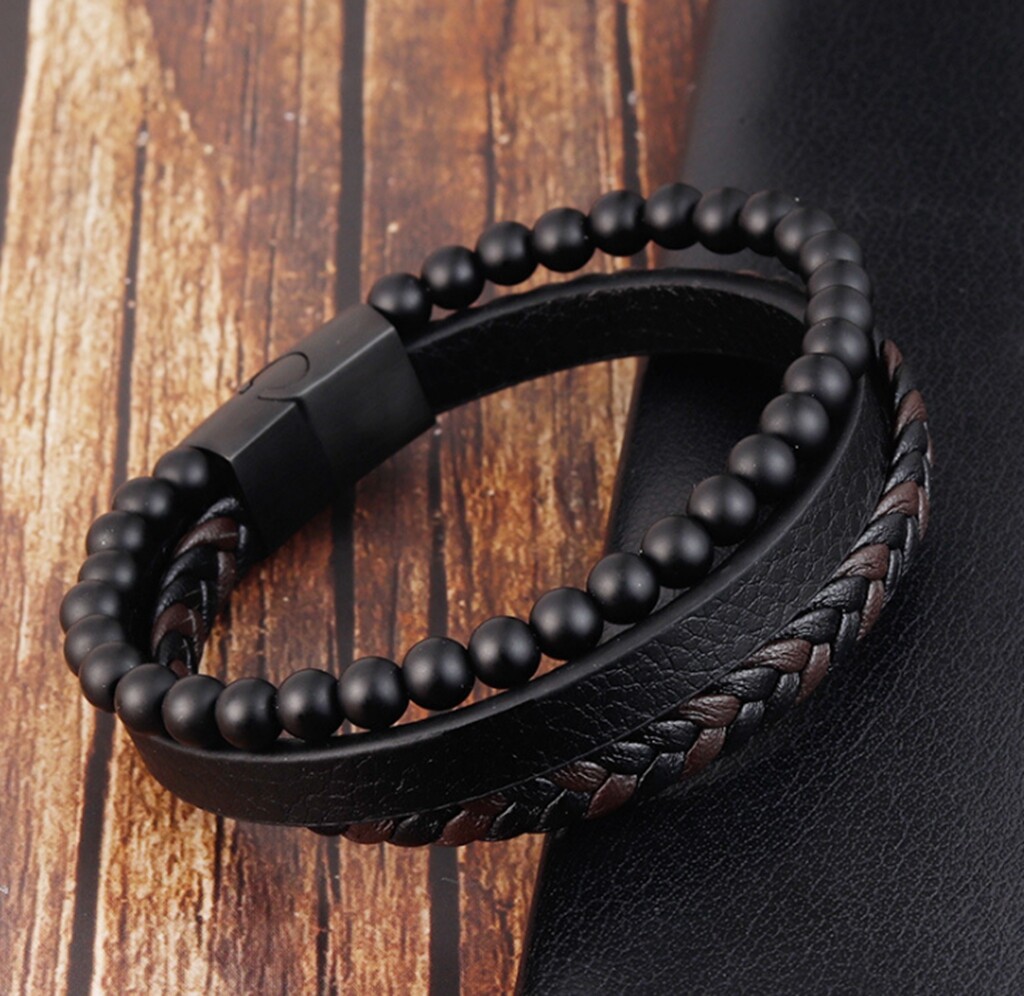 Men’s Women’s Lava Stone & Black and Brown Braided Genuine Leather Bracelet 8.2″