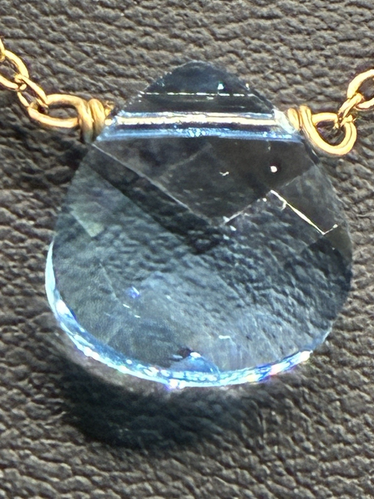 Touchstone Light Sapphire, Briolette, Swarovski Crystal Gold Tone Necklace