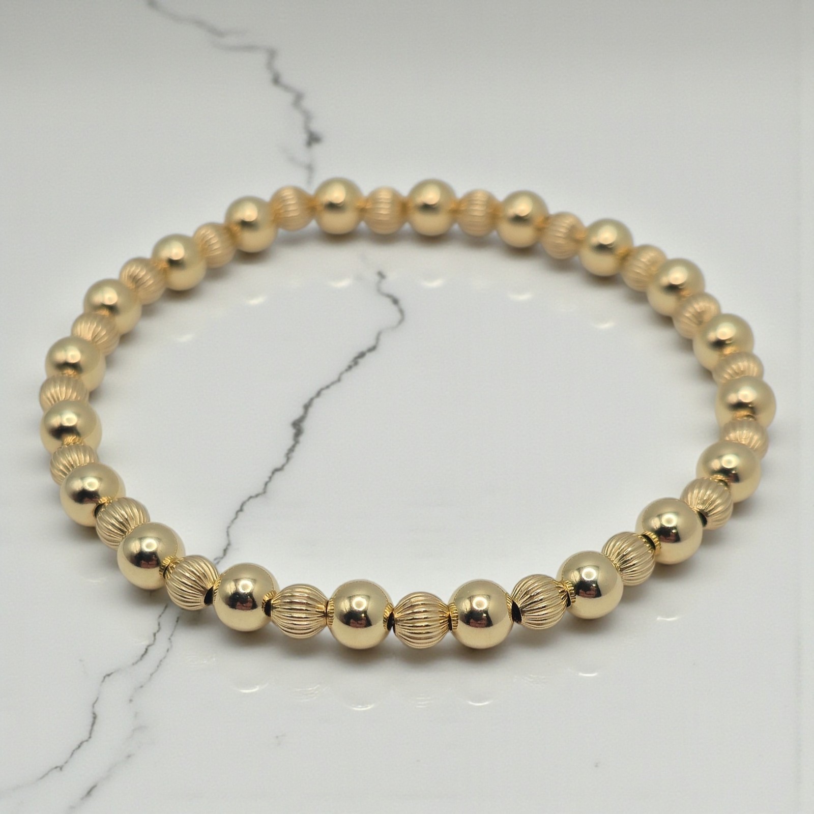6.25″ 14KT Gold-Filled 5mm Round & 4mm Corrugated Bead Stretch Bracelet NEW!