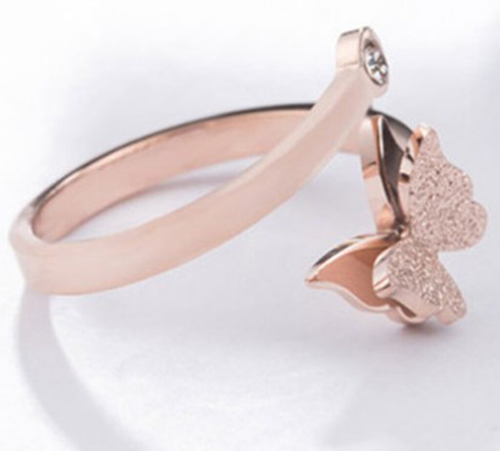 Women / Girl Gold Plated CZ Butterfly Adjust Titanium Stainless Steel Open Ring