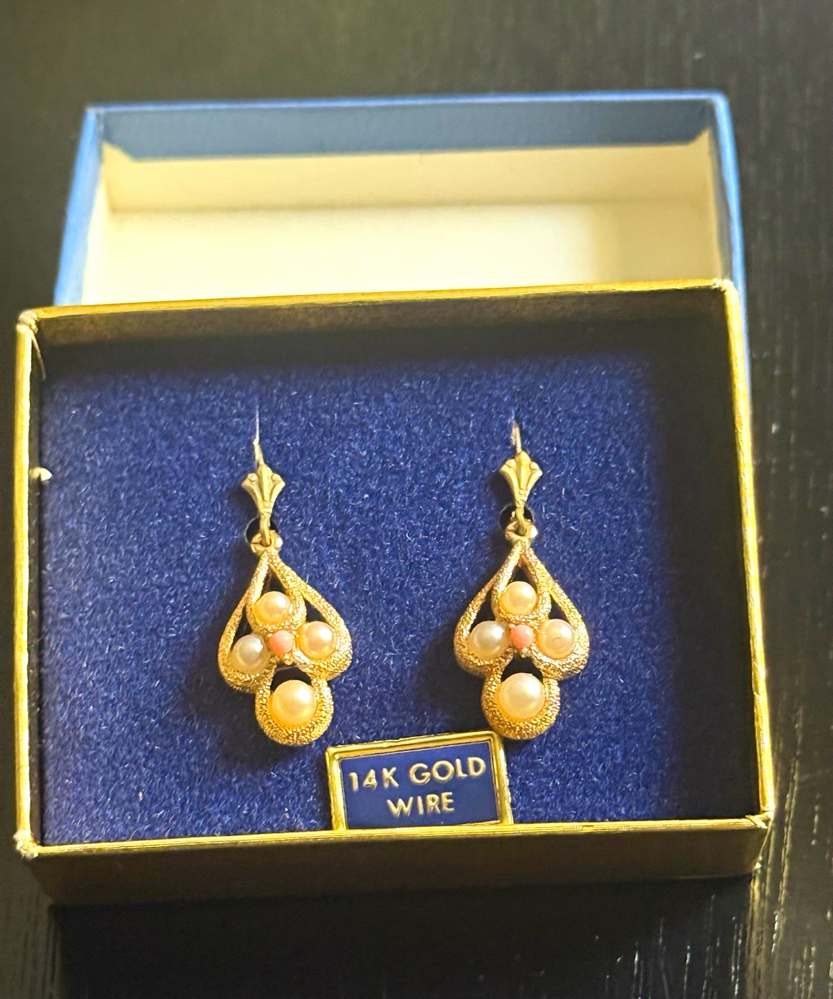 Vintage Avon Faux Pearl Dangle Earrings 14K Gold Wire Posts w/ Original Box