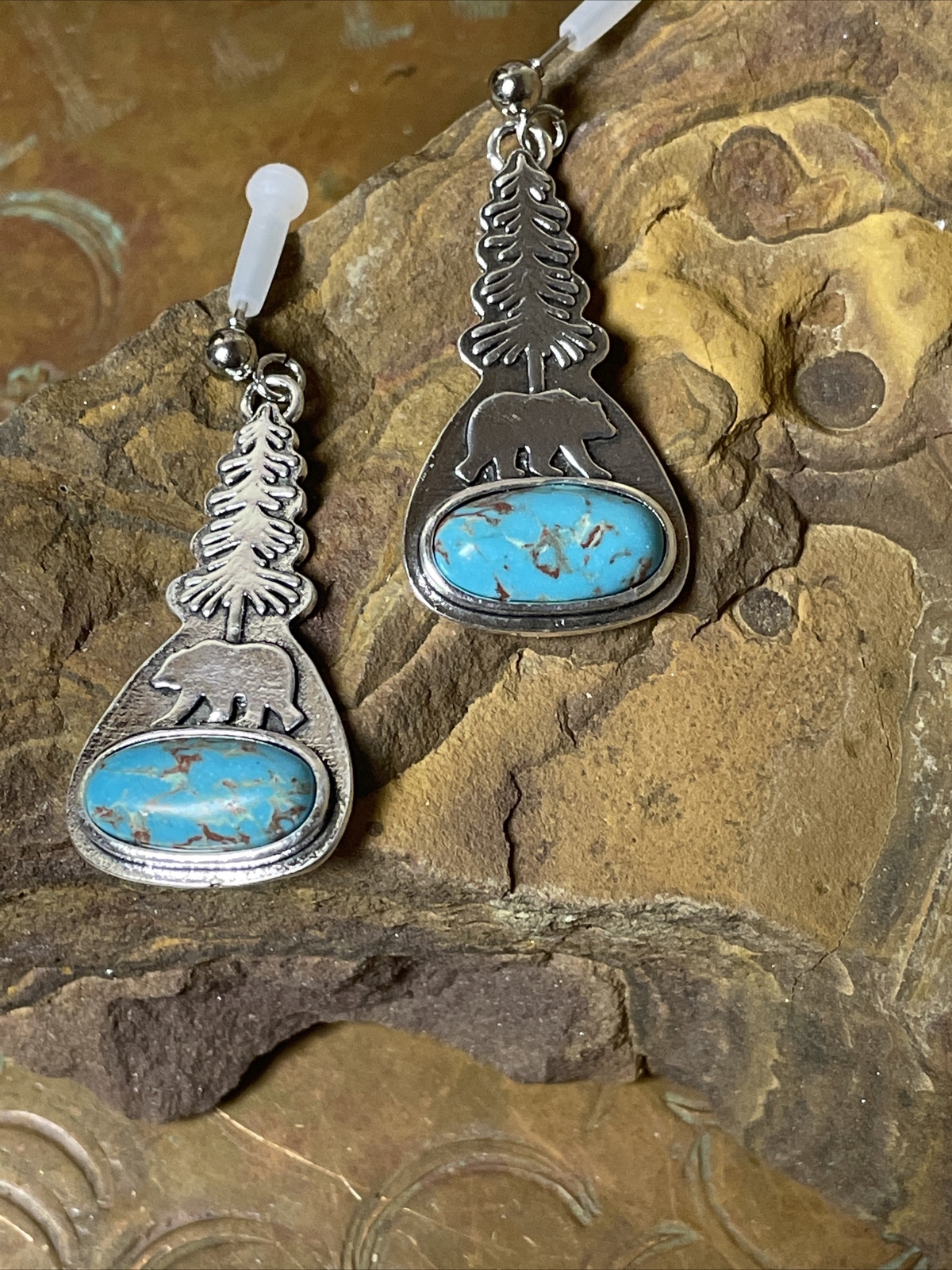 BEAR PAW TREE FANCY FOX SILVER TURQUOISE EARRINGS WESTERN SOUTHWEST Easter