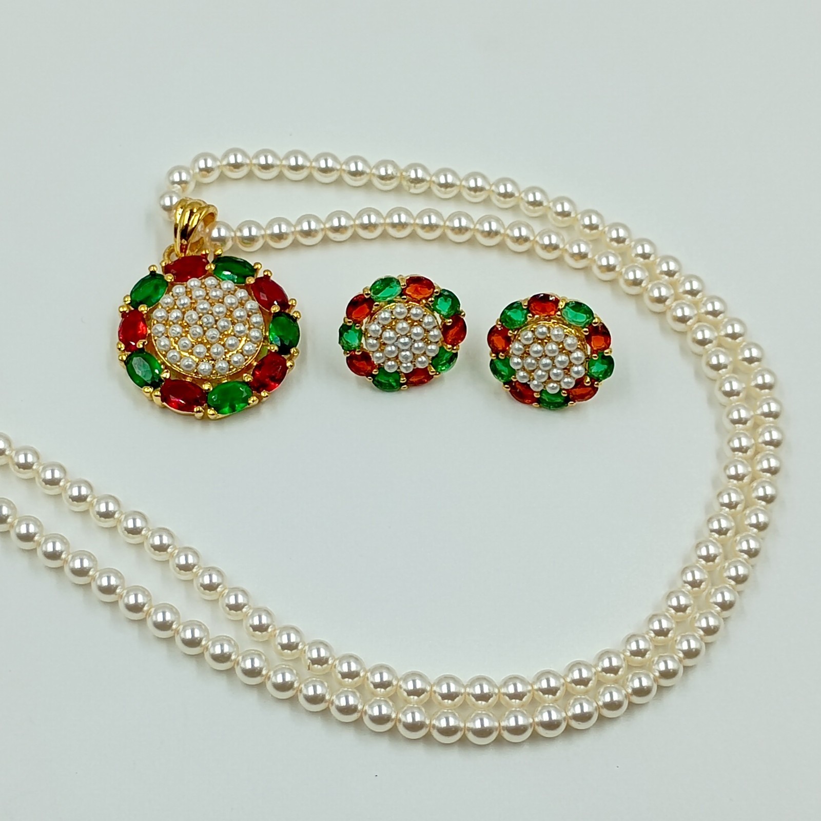 Ruby Emerald Pearl Pendant Studs 22k Gold Plated South Indian Wedding Bridal