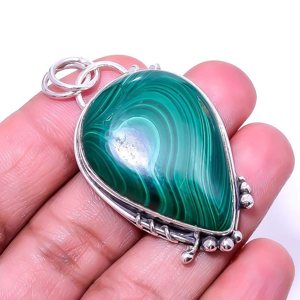 Natural Malachite – Congo Gemstone 925 Sterling Silver Pendant 2.03″ P946125854