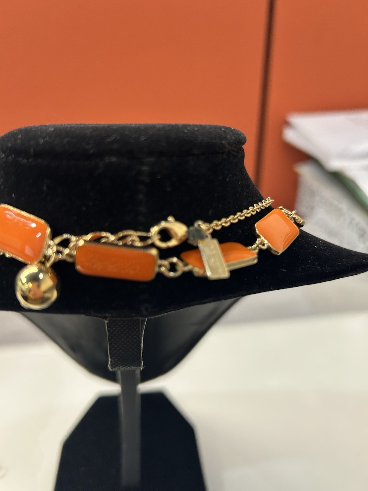 J. Crew Orange Rectangle Layering enameled Gold Tone Cable Necklace