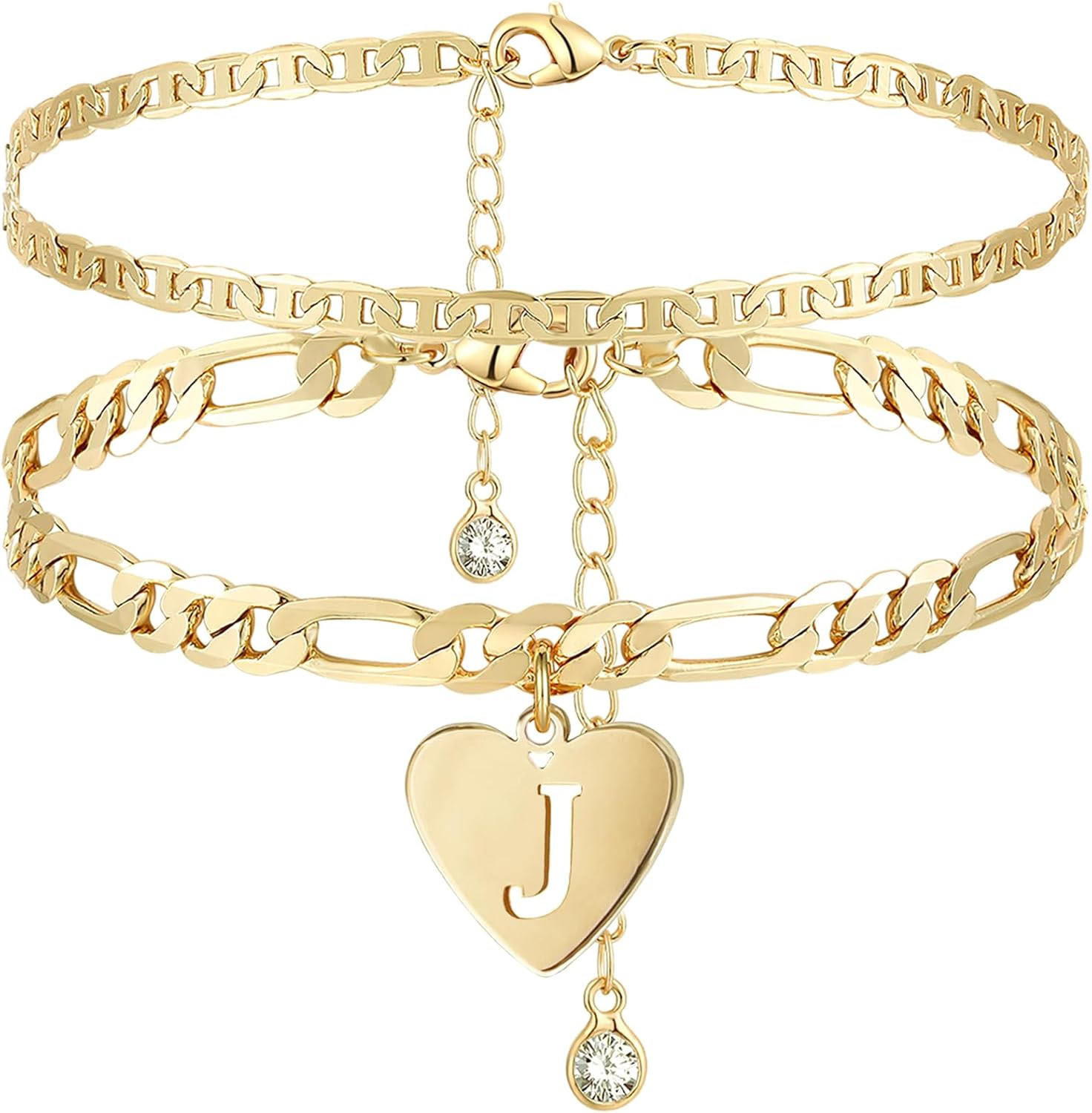 14k Gold Initial Ankle Bracelet for Women 10k Solid Gold Layered Figaro Anklets