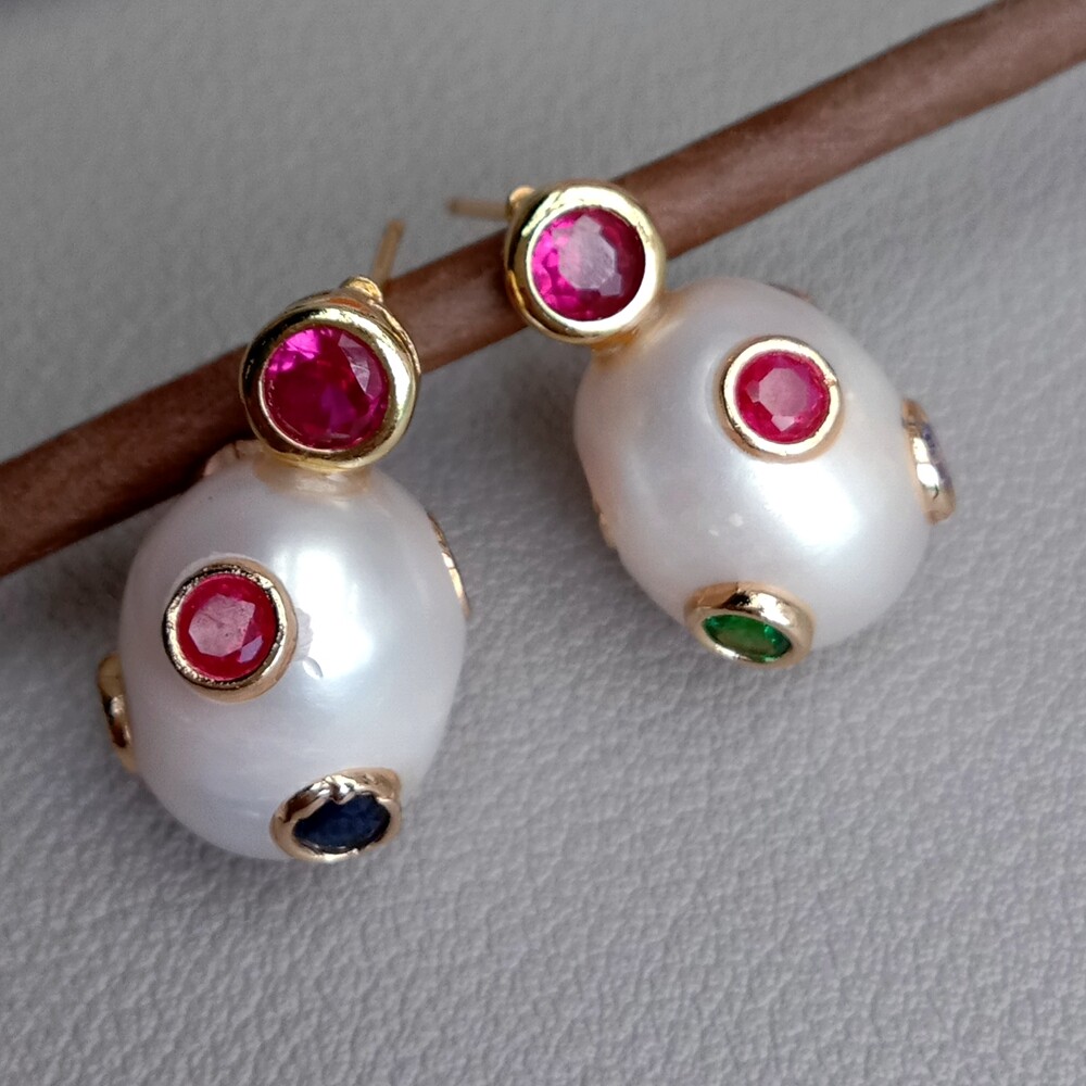 Cultured White Pearl Stud Earrings Pearls Cz Pave Handmade Designer Earring